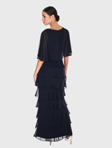 Elegant Frank Lyman woven dress in midnight, showcasing a fit and flare design with ruffles and short flutter sleeves.