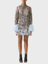 Mini shirt dress with feathers, featuring a flamenco-inspired print and a fluid silhouette for an elegant drape.