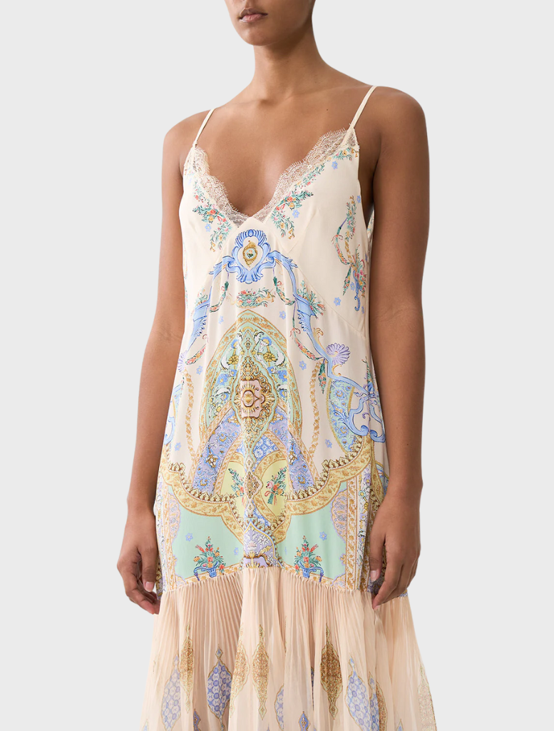 Chic minimal slip dress with a pleated chiffon skirt, designed by East Of Istanbul, perfect for formal occasions.