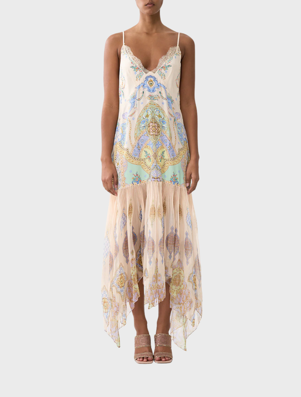 Minimal slip dress featuring a pleated chiffon skirt, designed by East Of Istanbul, showcasing elegance and simplicity.