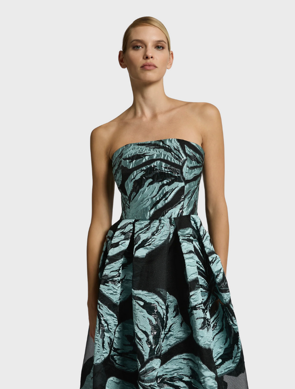 Women's strapless Bella Gown in mint and black floral design, elegant evening dress with fitted bodice
