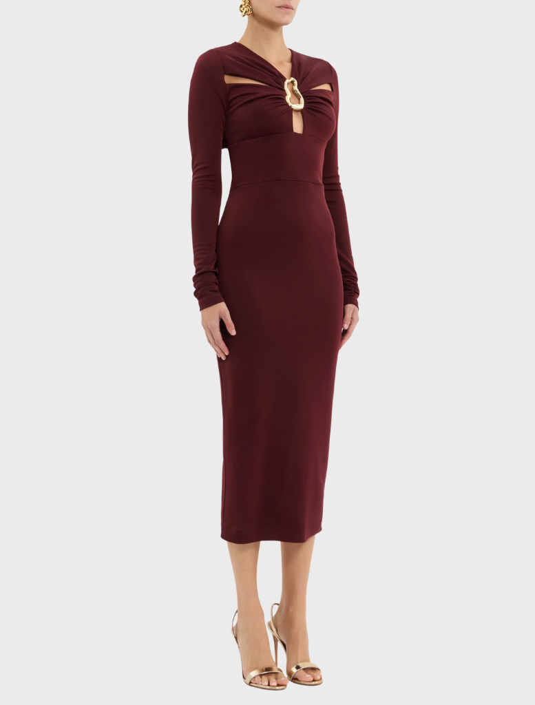 Long-sleeve burgundy dress crafted from stretchy material, adorned with a gold chain.