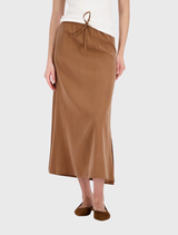 Elegant mocca midi skirt in cotton and cupro, designed with a drawstring waist and side slit for added flair.