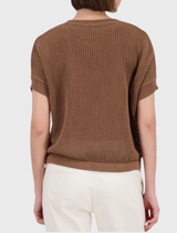 Straight-fitting brown Monari pullover with short sleeves, round neckline, rhinestone embellishments, and adjustable drawstring hem.