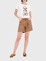 Stylish mocca shorts featuring an elastic waistband, patch pockets, and cuffs, ideal for casual or formal events.