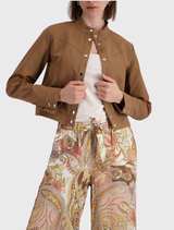 Modern mocca trench jacket, cropped design with a stand-up collar, snap buttons, and beautifully detailed sleeve hems.