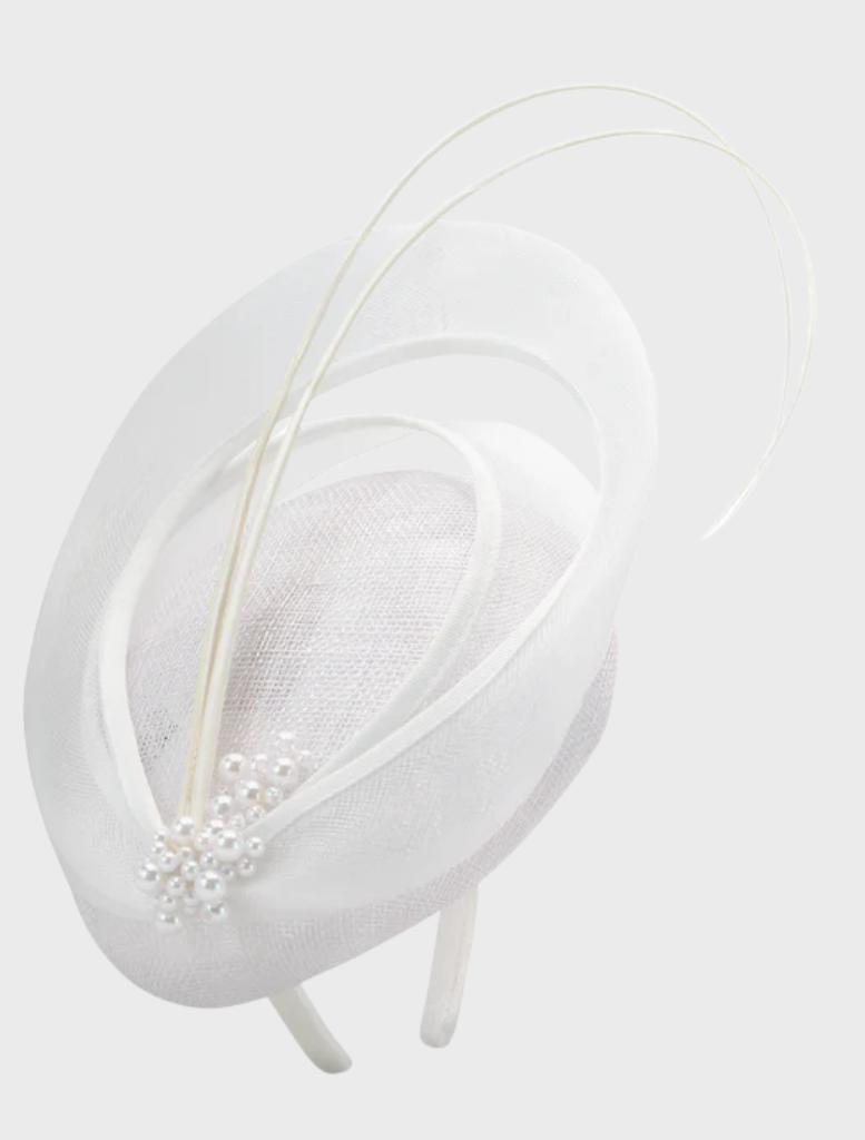 Stylish white Molly fascinator adorned with decorative elements, suitable for weddings or formal gatherings.