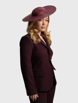 Burgundy red structured racewear hat with a fitted headband, designed for comfort and style at formal events.
