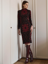 Red and black baroque shift dress with long sleeves, high neckline, and fitted silhouette, made from stretch knit jacquard.