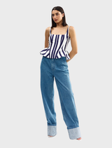 Monty Top featuring a royal stripe pattern in vibrant colors, showcasing a stylish and modern design.