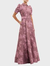 Annette Button Gown in Moonlight Mauve, highlighting a sophisticated style with buttons and a flowing, elegant fit.