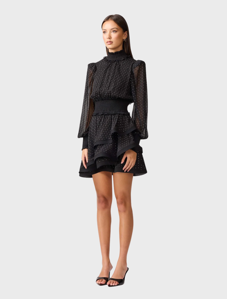 Black Moss Mini Dress showcasing a contemporary style with a flattering fit, suitable for day or evening wear.