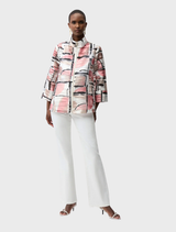 Pink and white printed Organza Abstract Jacket, highlighting a contemporary and artistic style.
