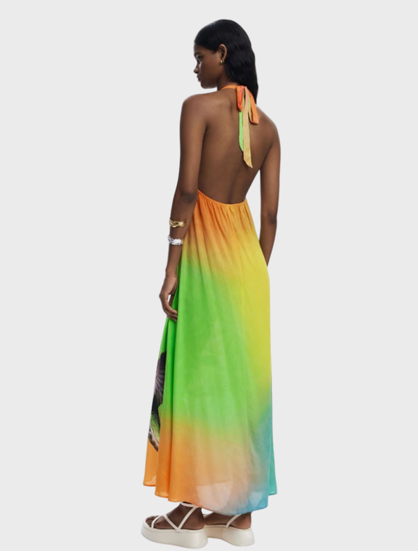 Halter maxi dress with a multi-colored bird of paradise print, showcasing a tropical floral pattern and elegant design.
