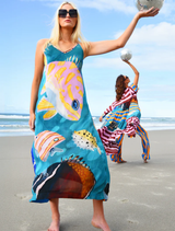 The Long Game Dress showcases a vibrant multi-fish design, ideal for adding fun to your wardrobe.