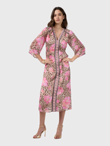 Stylish A-line midi dress with a gathered skirt and flared sleeves, featuring contrast details. Fully lined for added comfort.