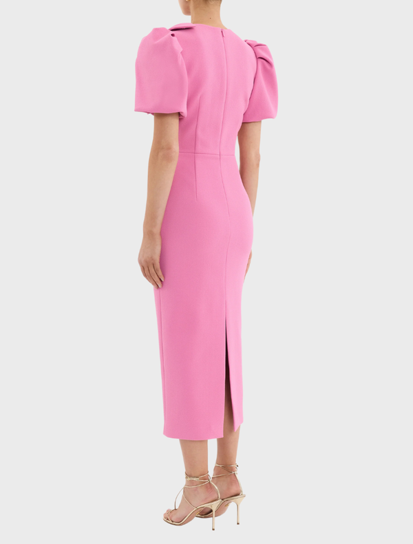 A pink Muriel Midi Dress crafted from stretchy material, designed for a flattering and comfortable wear.