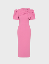 Pink Muriel Midi Dress featuring a stylish bow on the shoulder, showcasing a chic and elegant design.
