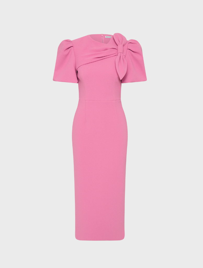 Pink Muriel Midi Dress featuring a stylish bow on the shoulder, showcasing a chic and elegant design.
