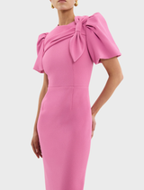 The pink Muriel Midi Dress, made of stretchy fabric, offers a chic and form-fitting look for various occasions.