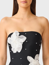 Black Natasia Embellished Maxi Dress featuring a strapless neckline and intricate 3D beaded floral embellishments.