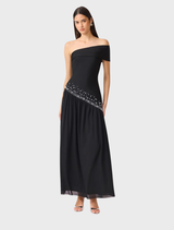 Timeless black off-shoulder gown with a sculpted fit, pearl embellishments, and a romantic mesh skirt for special occasions.