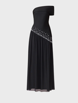Elegant black off-shoulder gown with a fitted bodice, pearl accents, and a soft mesh skirt, ideal for formal occasions.