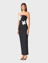 Natasia Embellished Maxi Dress in black, showcasing delicate beaded florals and a flattering strapless neckline for formal occasions.