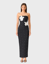 Black Natasia Embellished Maxi Dress featuring a strapless neckline, 3D floral beading, and a sleek, fitted silhouette.