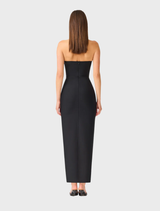 Black Natasia Maxi Dress with intricate embellishments, designed for elegance at formal events, featuring a fitted, strapless style.