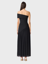 Refined black evening gown with off-shoulder neckline, fitted bodice, and flowing skirt, designed for elegance and comfort.