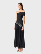  Sophisticated black gown with off-shoulder neckline, pearl embellishments, and a flowing skirt, ideal for formal events.