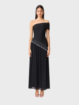 Black off-shoulder gown featuring a fitted silhouette, pearl detailing, and a flowing mesh skirt for elegant evening wear.