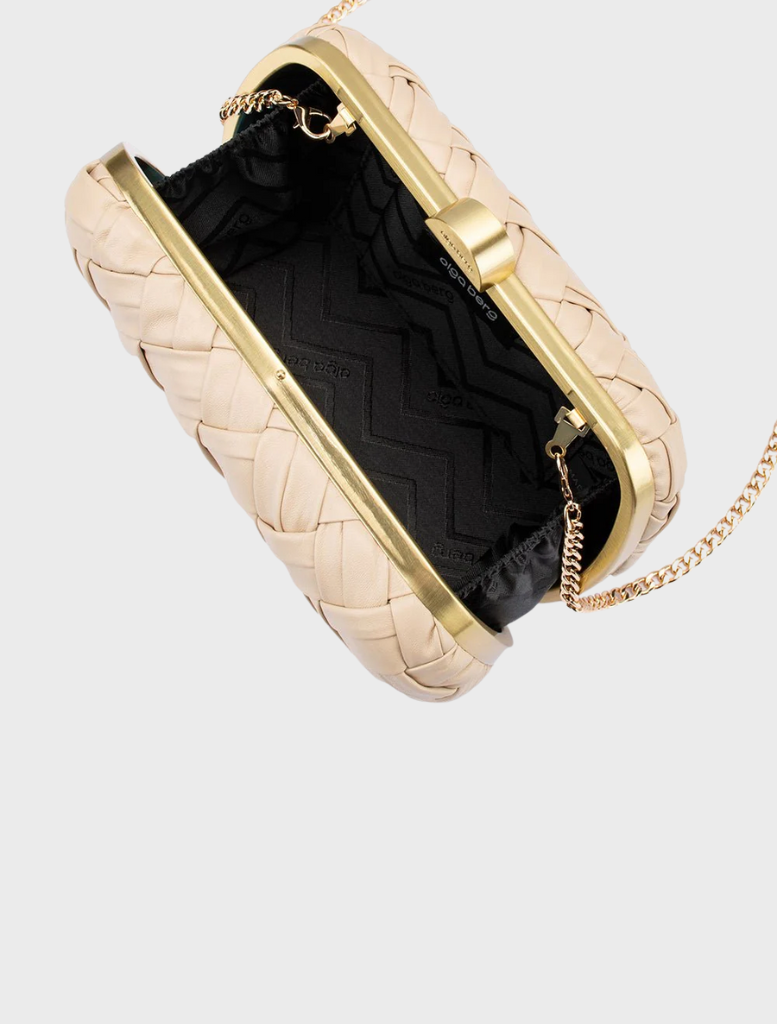 Haven Woven Clutch Natural a beige leather clutch with a woven texture.