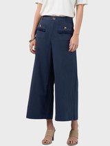 The Navi Pants in Indigo are linen blend with flattering side seams, elastic waist, and textured frayed edging on pockets.