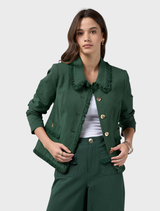 Jungle green linen blend jacket with frayed edges, detailed trim, and front and back panel seams for a tailored fit. Fully lined.