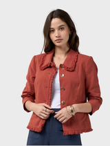 Linen blend jacket in Sandalwood with frayed edges, panel seams, and full lining for a tailored fit.