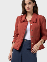 Sandalwood linen blend jacket featuring frayed edges, detailed trim, and front and back panel seams for a perfect fit.