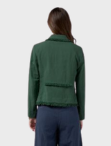 Linen blend jacket in jungle green, featuring frayed edges, trim details, and panel seams for a perfect fit. Fully lined.