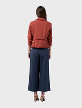Linen blend jacket in Sandalwood with frayed detailing, panel seams, and full lining for a refined and tailored appearance.