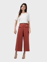 Linen blend Navi Pants in Sandalwood with elastic back waist, frayed edges, and forward side seams for a flattering fit.