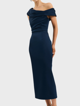 Navy Lessa Midi Dress, combining sophistication with comfort, featuring a fitted bodice and a graceful skirt.