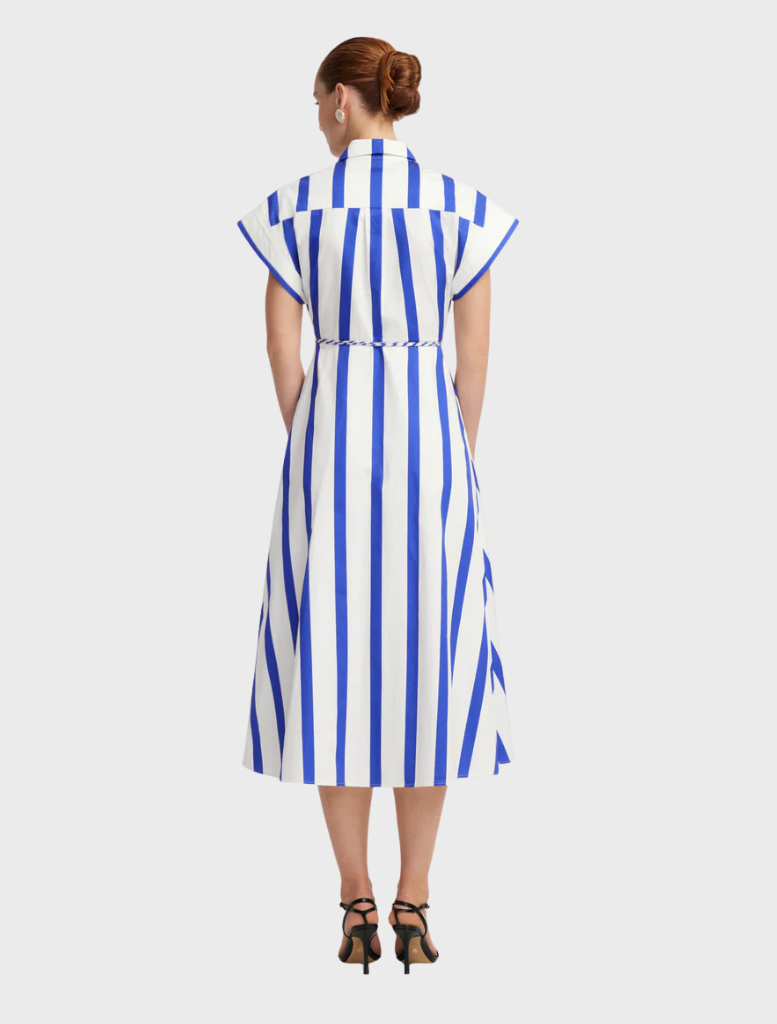 Stylish navy midi dress with a striped pattern and shirt design, versatile for different occasions and seasons.