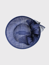 Sophisticated navy blue fascinator with ribbon-like trim on a circular base, designed for effortless styling on a headband.