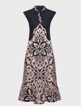 Navy and blush Sierra Midi dress, showcasing a stylish, flowing design perfect for both casual and formal events.