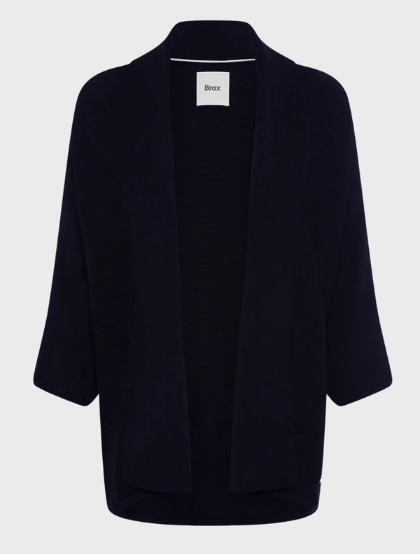 Black knit cardigan displayed against a navy background, showcasing its texture and design.