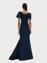 Navy jade gown showcasing a refined style, suitable for upscale events and formal celebrations.