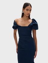Navy jade gown featuring a sophisticated design, ideal for special events and formal gatherings.