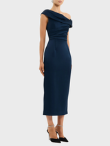 Elegant navy Lessa Midi Dress, showcasing a stylish design with a fitted top and a flowing skirt.