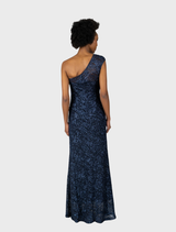 Chic navy gown with a single shoulder strap, designed for formal wear, highlighting a graceful and modern aesthetic.